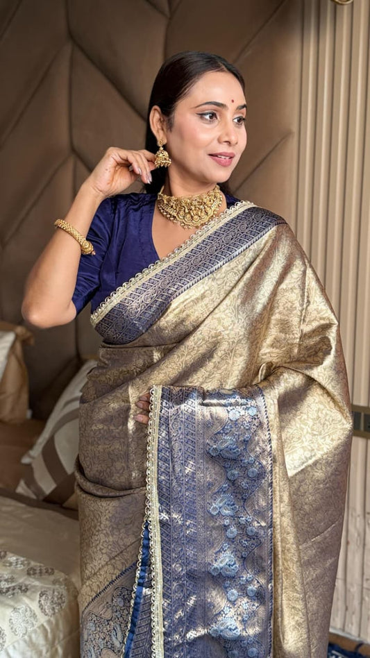 Golden Beige & Navy Blue Tissue Silk Saree with Zari Weaving & Designer Lace Border | Festive Wear