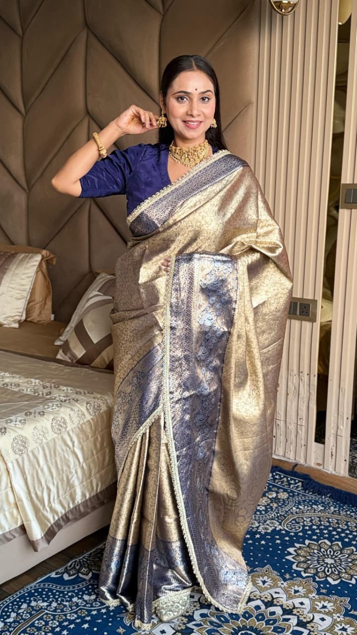 Golden Beige & Navy Blue Tissue Silk Saree with Zari Weaving & Designer Lace Border | Festive Wear