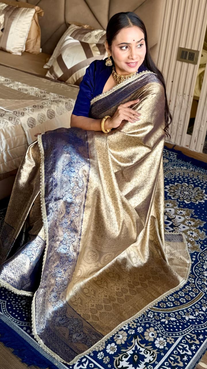 Golden Beige & Navy Blue Tissue Silk Saree with Zari Weaving & Designer Lace Border | Festive Wear