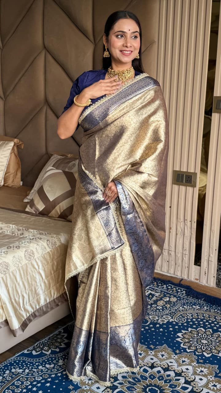 Golden Beige & Navy Blue Tissue Silk Saree with Zari Weaving & Designer Lace Border | Festive Wear