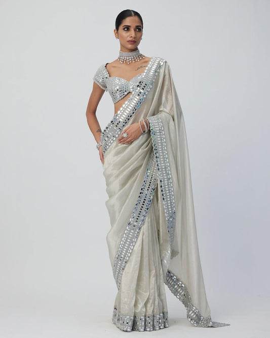 Satin Organza Saree with Real Mirror Work Embroidered Borders