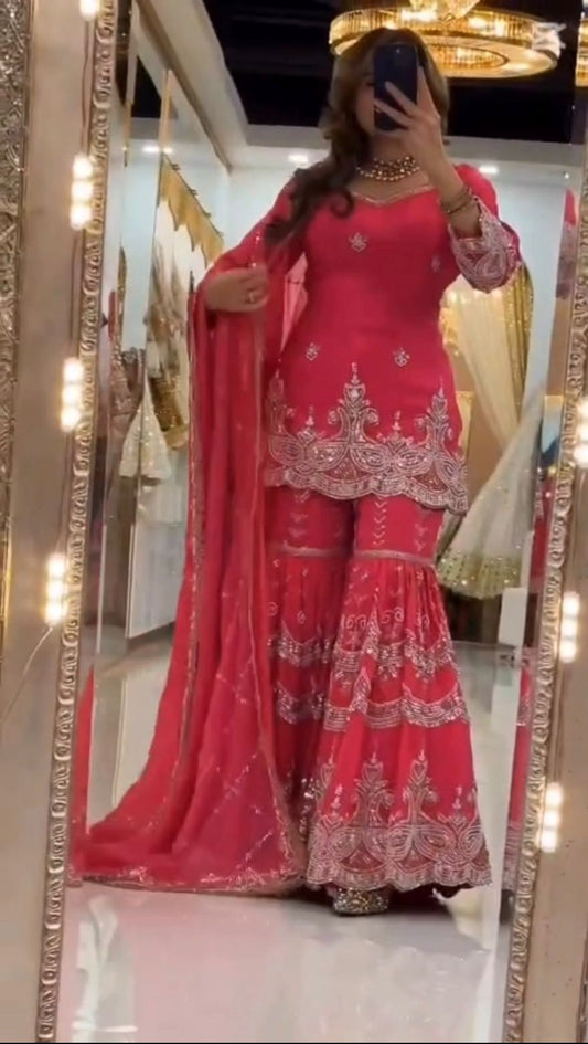 Designer Georgette Sharara Palazzo Set with Sequin Embroidery & Dupatta | Party Wear