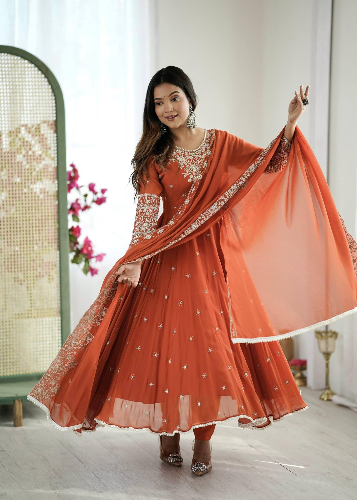 Elegant Embroidered Rembo Sequence Designer Anarkali Three Piece Set