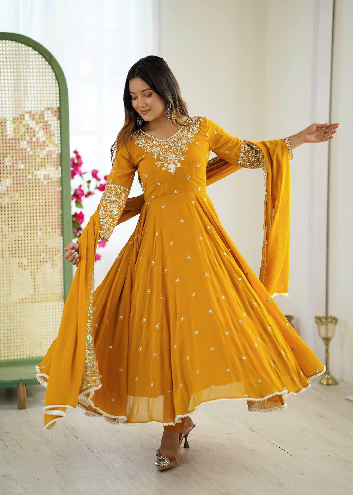 Elegant Embroidered Rembo Sequence Designer Anarkali Three Piece Set