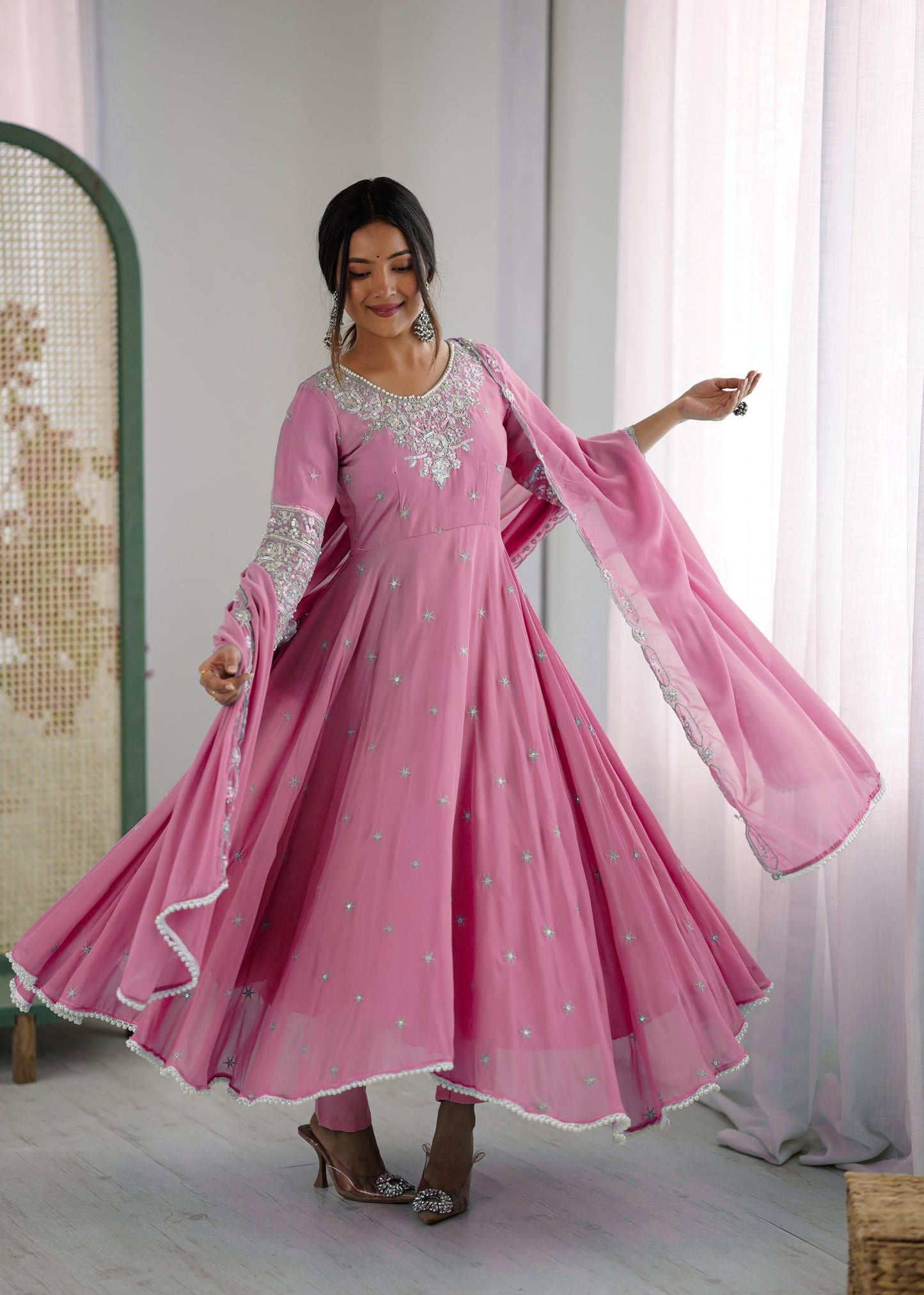 Elegant Embroidered Rembo Sequence Designer Anarkali Three Piece Set