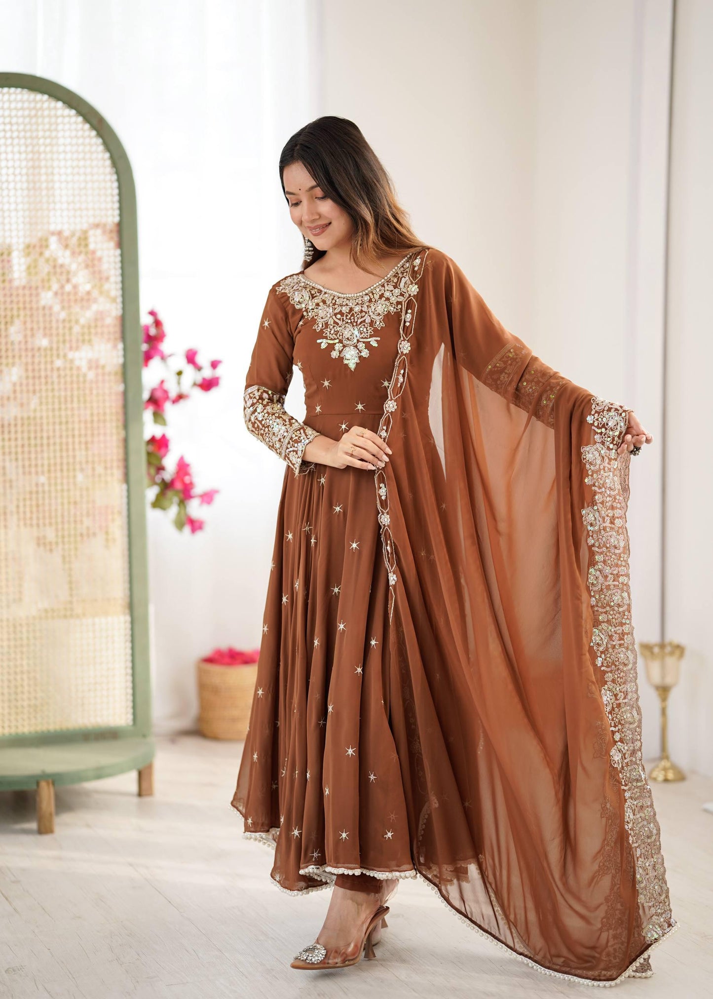Elegant Embroidered Rembo Sequence Designer Anarkali Three Piece Set