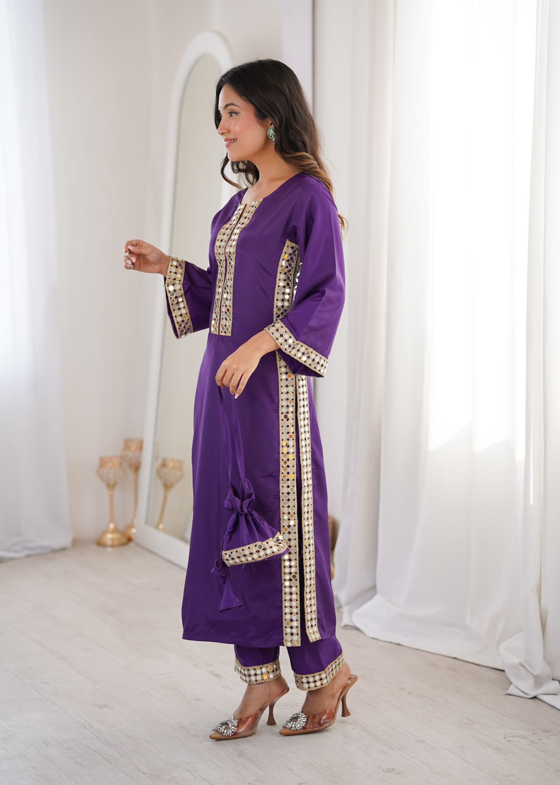 Designer Crepe Kurti Pant with Real Mirror Work & Batwa | Party Wear Ethnic Set