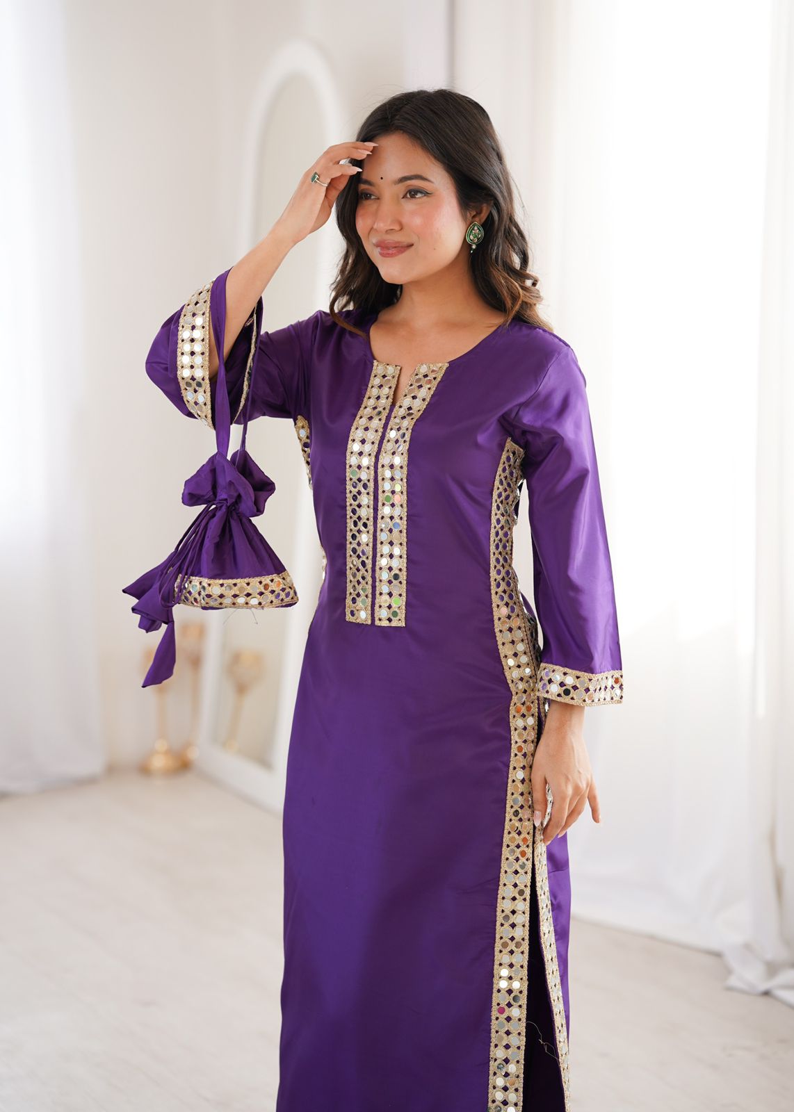 Designer Crepe Kurti Pant with Real Mirror Work & Batwa | Party Wear Ethnic Set
