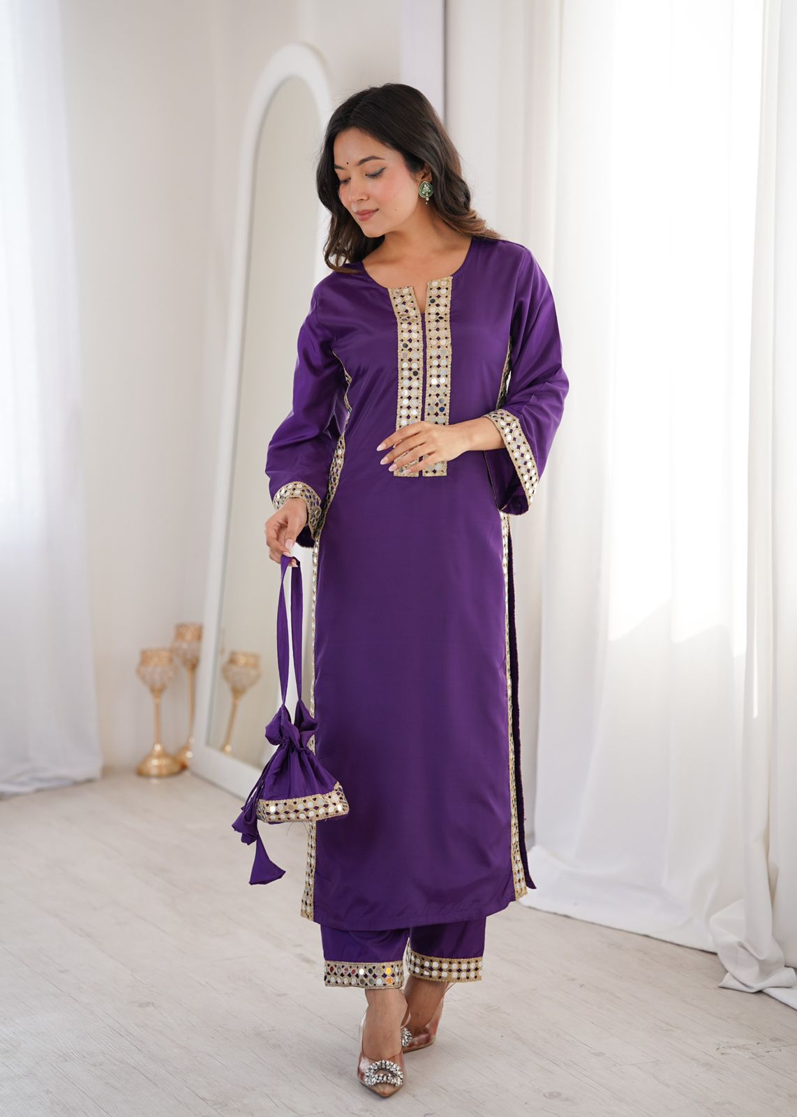 Designer Crepe Kurti Pant with Real Mirror Work & Batwa | Party Wear Ethnic Set