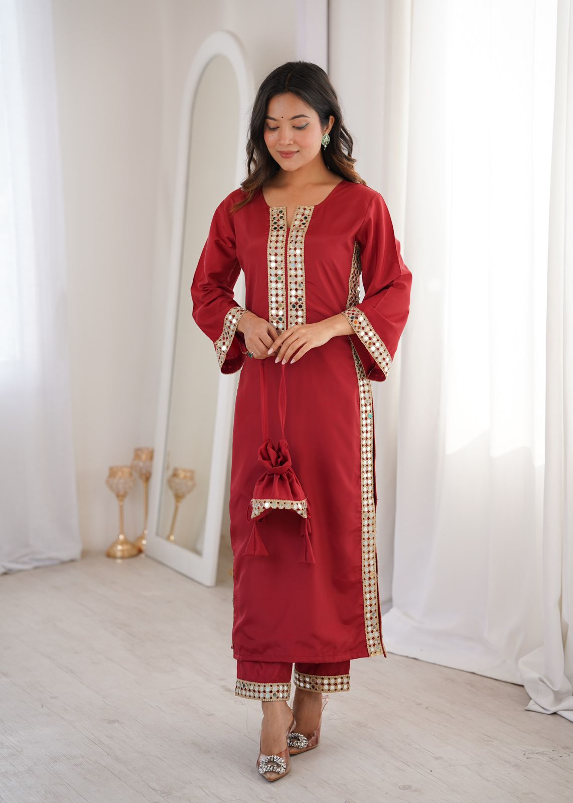 Designer Crepe Kurti Pant with Real Mirror Work & Batwa | Party Wear Ethnic Set