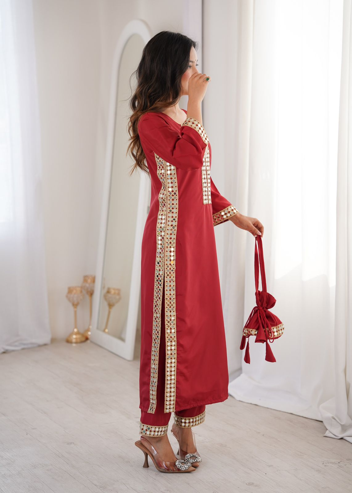 Designer Crepe Kurti Pant with Real Mirror Work & Batwa | Party Wear Ethnic Set