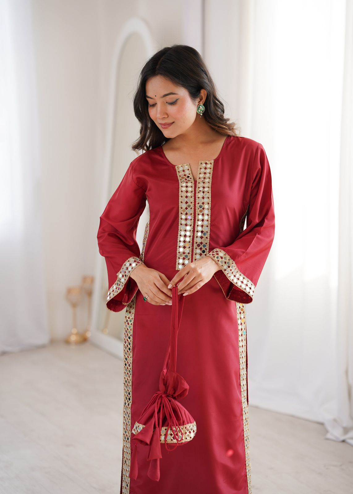 Designer Crepe Kurti Pant with Real Mirror Work & Batwa | Party Wear Ethnic Set