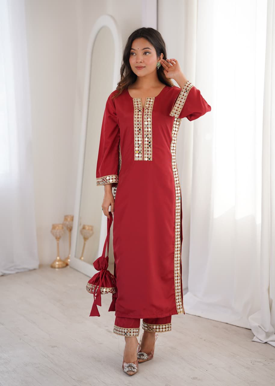 Designer Crepe Kurti Pant with Real Mirror Work & Batwa | Party Wear Ethnic Set