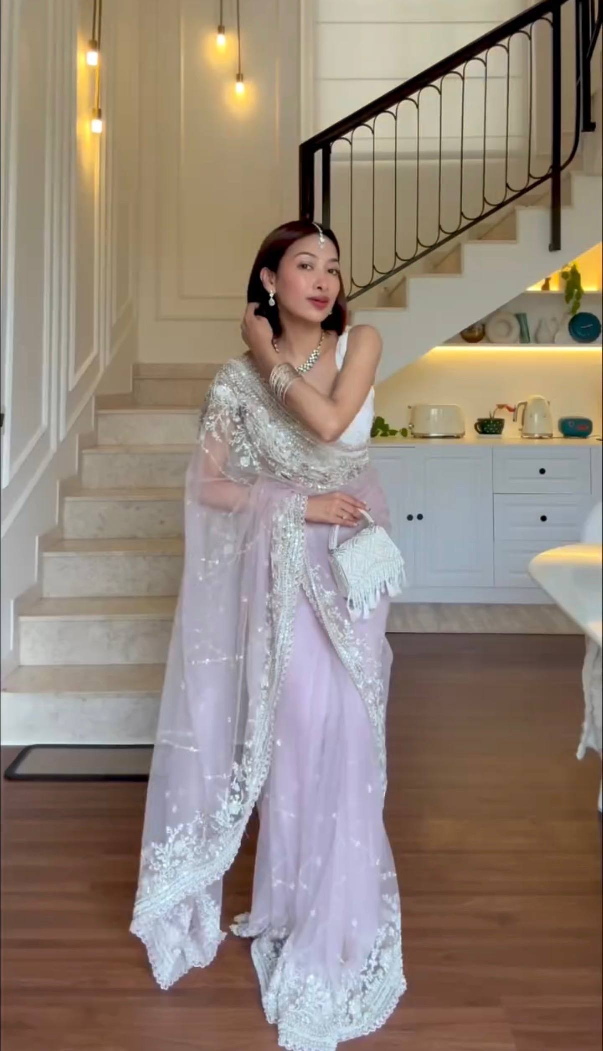 Designer Nylon Net Embroidered Saree with Cut-Work Border and Unstitched Blouse