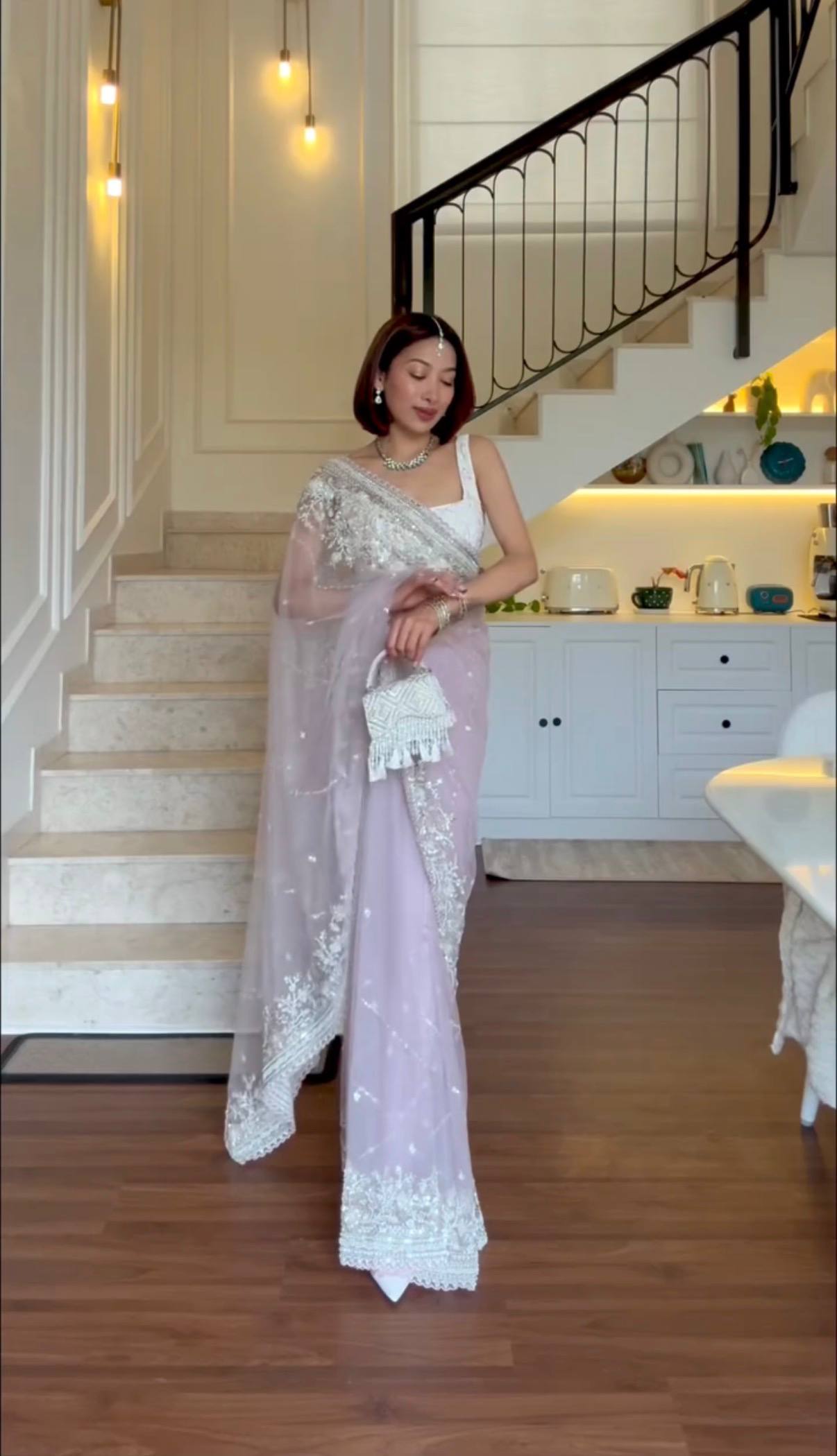 Designer Nylon Net Embroidered Saree with Cut-Work Border and Unstitched Blouse