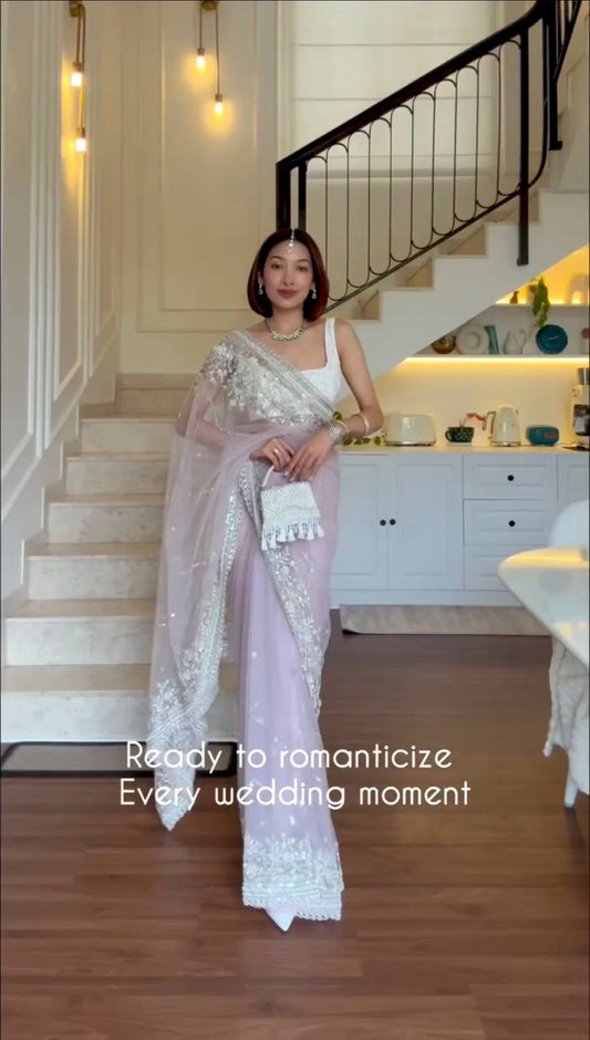 Designer Nylon Net Embroidered Saree with Cut-Work Border and Unstitched Blouse