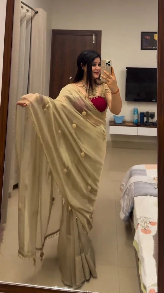 Designer Satin Saree with Crystal Moti Lace & Handcrafted Latkan